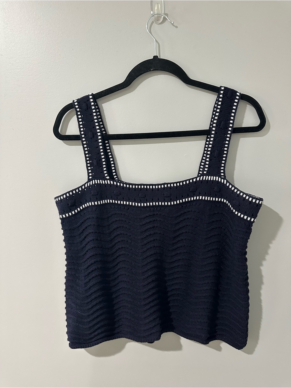 Navy Knit Square-Strap Tank with White Eyelet Trim